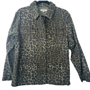 NEW Good American Jacket Women M Tan Black Cheetah Print Denim Pockets Boho snap